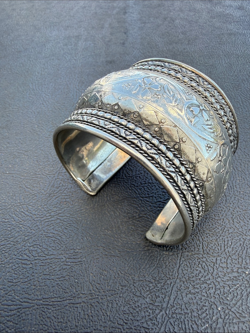 Ornate Silver-Tone Engraved Cuff Bracelet - Women Jewelry
